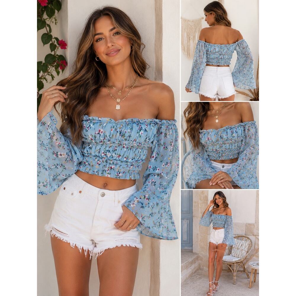 Tularosa Blue Floral Smocked Croptop Sheer Sleeves Cottagecore Boho Romantic New